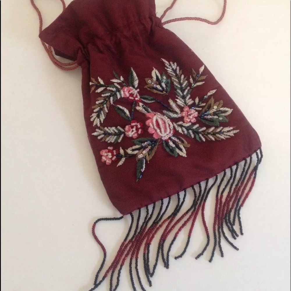 Vintage Ethos Burgundy Drawstring Beaded Purse Bag